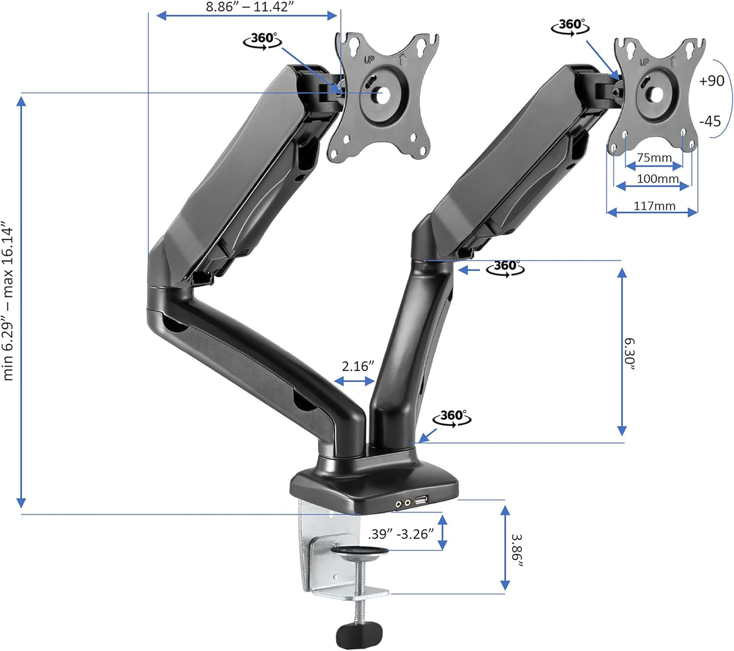 Rocelco 46" Height Adjustable Corner Standing Desk Converter with Dual Monitor Arm Mount Bundle - Sit Stand Up Tabletop Computer Workstation Riser - Extra Large Keyboard Tray - Black (R CADRB-46-MA2)