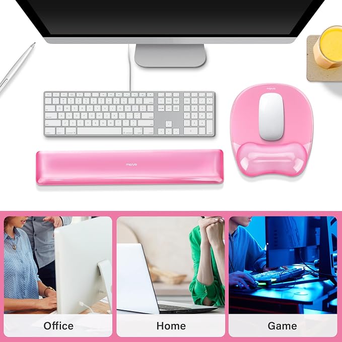 MOSISO Cooling Gel Wrist Rest Support for Mouse Pad&Keyboard Set, Pink | Irregular Oval Ergonomic Mousepad Keyboard Pad Non-Slip Base Home/Office Pain Relief&Gel Easy Typing Pad for Computer Laptop
