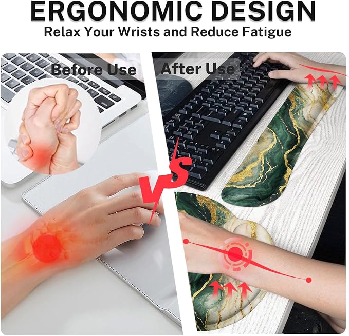 Ergonomic Mouse Pad Set with Wrist Rest, Gold Green Marble | Abstract Non-Slip Rubber Base Wrist Cushion Support and Coasters Mousepad with Wrist Support for Computer Keyboard