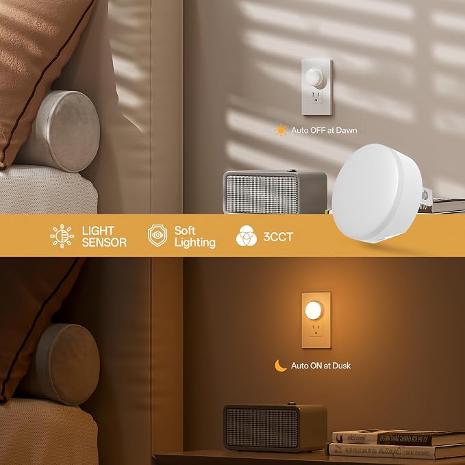 Night Light Plug in, Dimmable LED Mini Nightlights for Kids, Auto Dusk to Dawn Sensor, Automatic On and Off Night Lamp for Hallway,Bedroom, Stairway, 3 Brightness, Energy Efficient, 3CCT, 6Pack