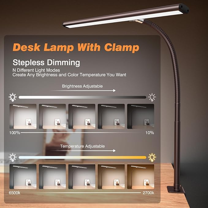Airlonv LED Desk Lamp with Clamp, 17" Stepless Dimming Light, Brown | 2700K-6500K, 100 LEDs, 360° Gooseneck, Fits Up to 30" Monitors, Flicker-Free Lighting for Home Office, Study& Workbench