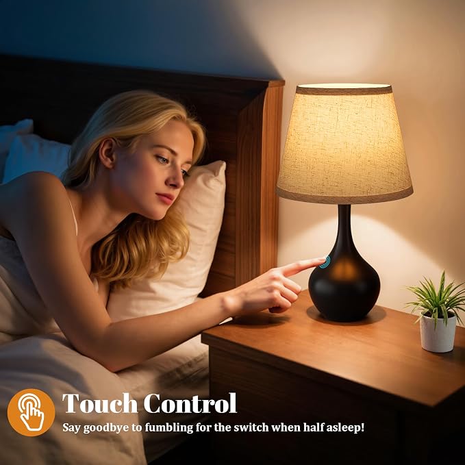16.1" Touch Table Lamp for Nightstand, Dimmable Small Bedroom Lamp Set of 2 | Touch Control, Set of 2, Bulb Included, Black Bedside Lamps for Desk, Night Stands, Living Room, End Table, Corded