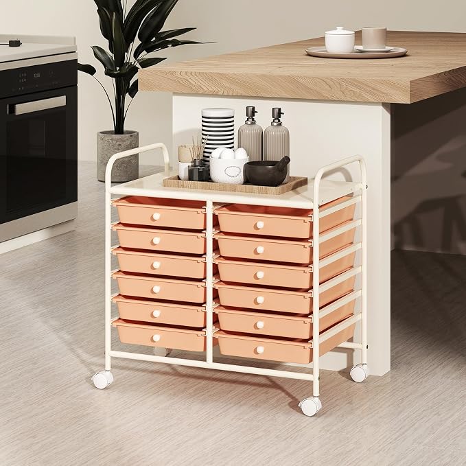 RELAX4LIFE 12-Drawer Rolling Storage Cart - Mobile Utility Cart on Wheels for School Classroom Teacher Office Salon, Paper File Art Supply Craft Organizer, Rolling Cart with Drawers (Pink)