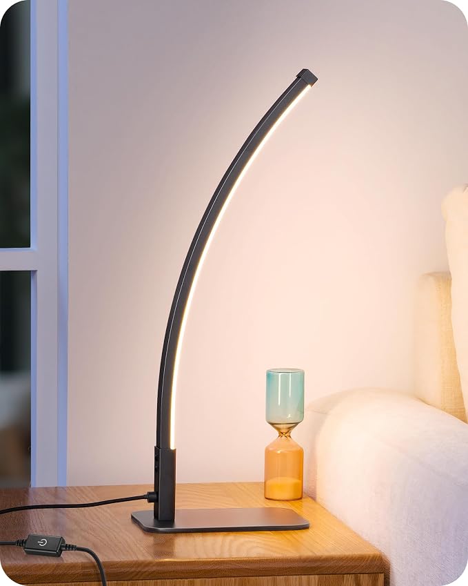 EDISHINE Curved LED Table Lamp, Modern Bedside Lamps for Bedroom, Black | 3 Color Temperature & Stepless Dimming, Aluminum & Iron, Silicone Lampshade, Ideal for Living Room, Office