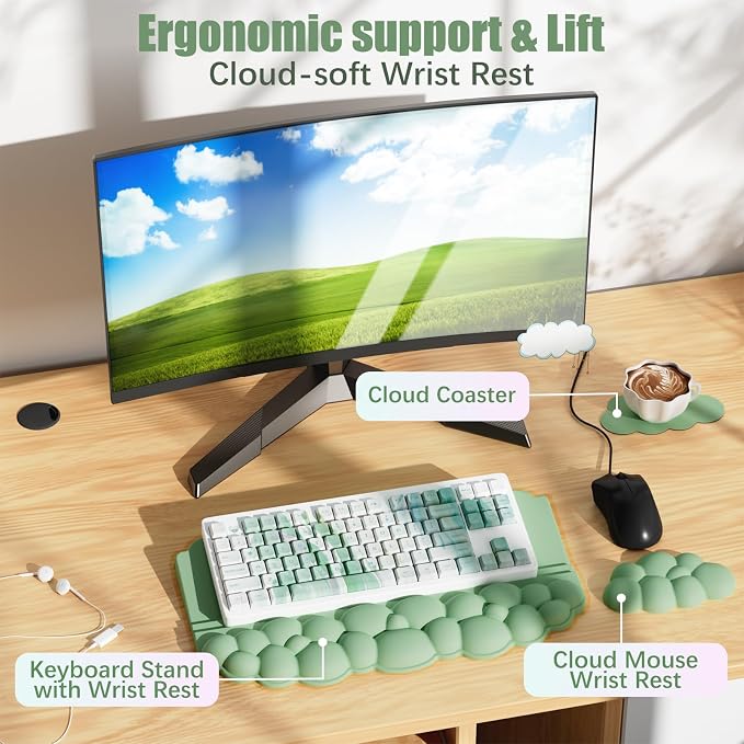 Wrist Rest with Keyboard Stand, Ergonomic Computer Wrist Support Pad | Cloud Keyboard Riser Holder with Wrist Pad, Memory Foam Desk Cushion, Palm Hand Typing for Office Home School - Green