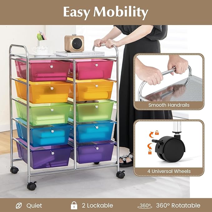 10 Drawer Rolling Cart, Storage Cart Organizer on Wheels, Drawer Cart with Metal Frame & Large Storage Capacity, Rolling Cart with Drawers for Living Room Classroom, Office