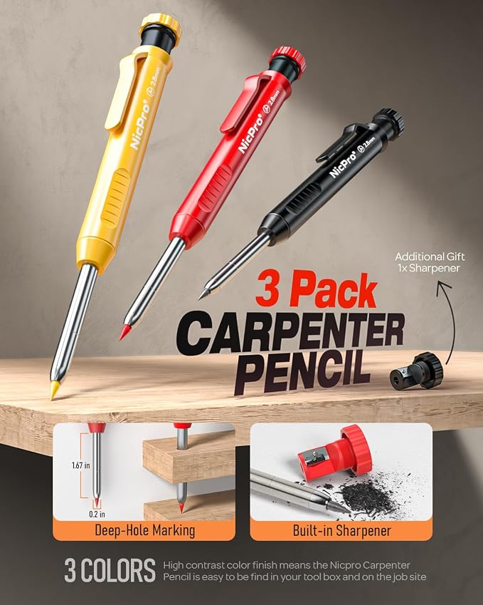 Nicpro 16 Pack Mechanical Carpenter Pencil Set with 42 Refill & Scribe Tool | Heavy Duty Construction Pencils, Comfortable Grip Woodworking Pencils for Architect Marking