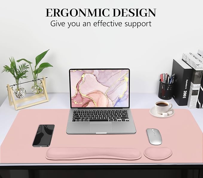 Desk Mat Set,3-in-1 Mouse Pad with Wrist Rest and Keyboard Pad | 35.4" x 16.9" Ergonomic Keyboard and Mouse Pad Set, Memory Foam Keyboard Wrist Rest, Waterproof Computer Mat, Pink