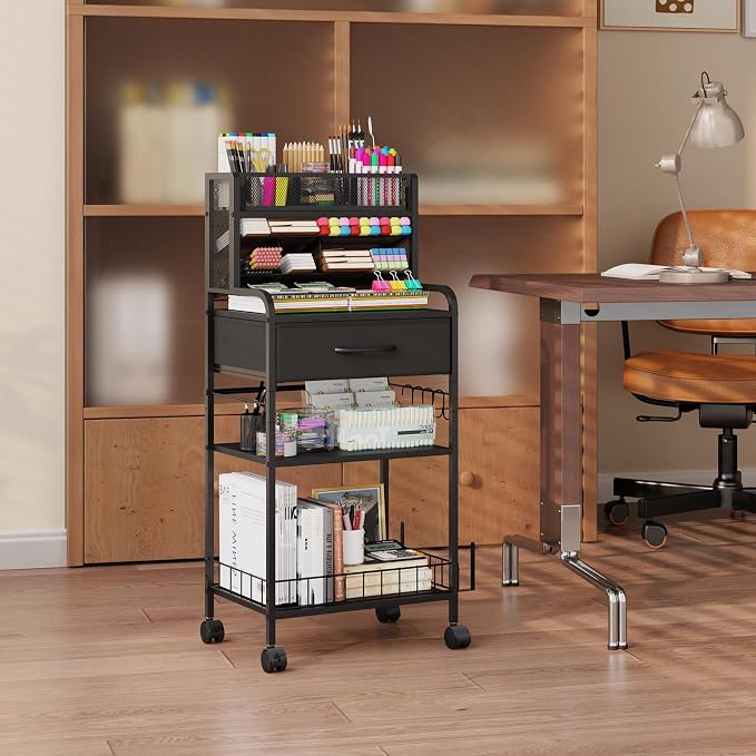 Art cart, 3 Tier Rolling Cart - Utility Cart with Storage Drawer and Wheels, Versatile Art & Craft Organizer for Home, Office, or Studio Ideal for Storing Brushes, Paints (Black)