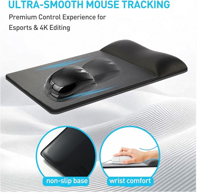 Design-Wave Wrist Rest Mouce Pad,PE Mouse Sliding Panel+Artificial Sheepskin+Memory Foam+Ergonomic+Anti-Slip Gel,Resilience Support During Work and Gaming,Mouce Accessory,Black