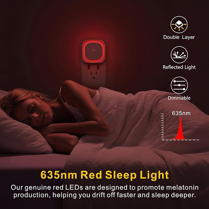 YUNLEX 2 Pack Plug in Red Night Light with Motion Sensor & Dusk to Dawn Sensor, Soft Glow, 0% Blue Light, Dimmable, Auto On/Off, 3 in 1 LED Lights for Bedroom, Kids, Bathroom, Hallway