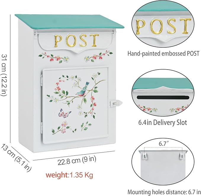 Mailbox Wall Mount Mailboxes for Outside Vintage Mail Boxes for House Outside Metal Drop Box Antique Style Nostalgic Charm Home Decorative, Flower Pattern, White