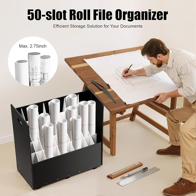 Blue Print Storage Organizer with Wheels, 50 Slots Mobile Blueprint Storage Rack Cart, Construction Plan Holder Roll Files Cart Map Poster Storage Cabinet for Office Home School, Black