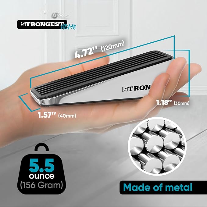 STRONGEST HOME Stoppers for Bottom of Door – Heavy Duty Metal Rubber Door Stopper, Non-Slip Door Stop for Heavy Doors, Works on Wood, Tile & Carpet Floors Wedge Chrome 6 PCs + 6 White Wall Protectors