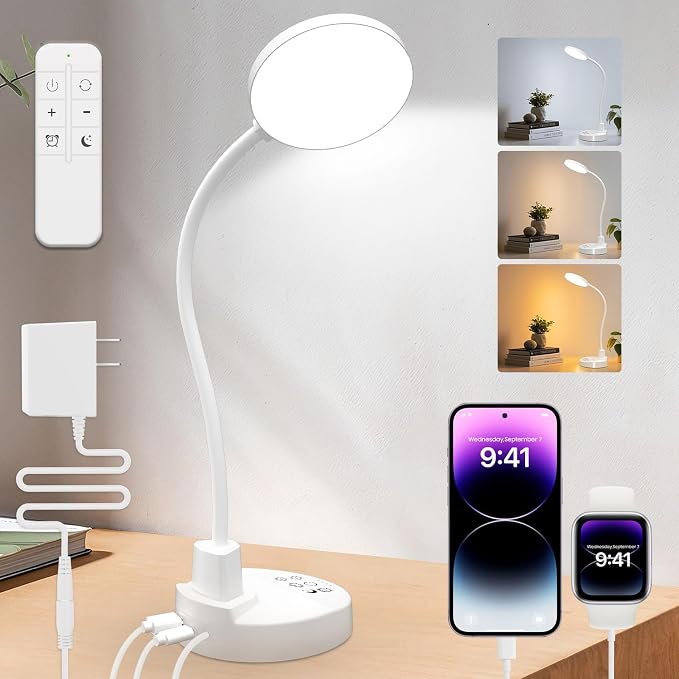 15W LED Desk Lamp with USB Charging Ports, [Button & Remote Control] Dimmable Table Lamp with 3 Color Modes, 5 Brightness Levels, 4 Timers, Flexible Reading Light for Home Office, Bedroom, Kids Study