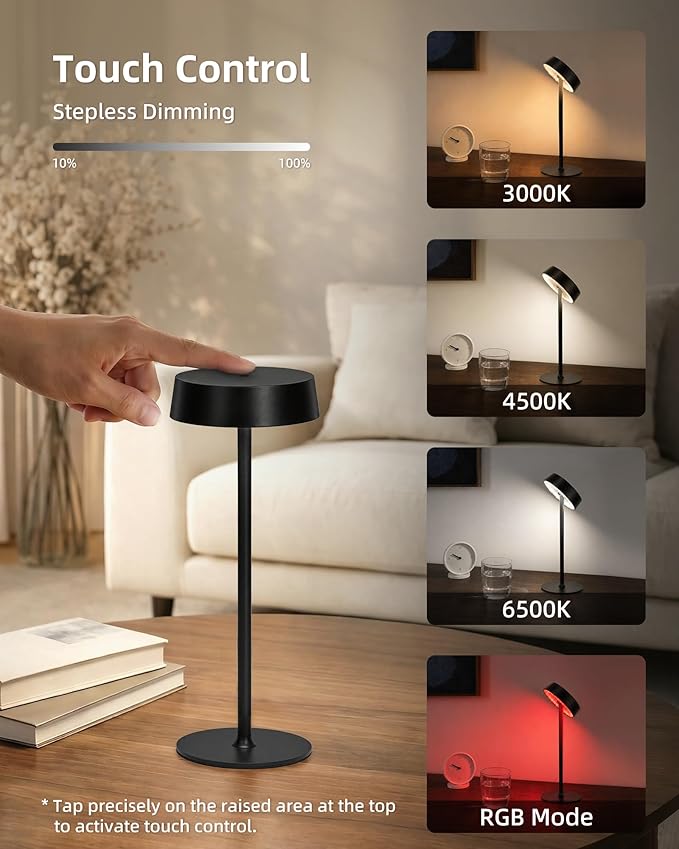 EZVALO Cordless Lamp, Rechargeable Table Lamp, Battery Operated | Portable Outdoor Waterproof, 3 Color Temps RGB, Dimmable Touch Control, LED Memory Function, Restaurant Dining Patio Kitchen