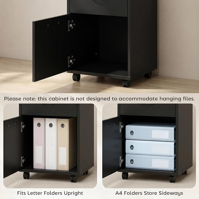 HOMCOM Mobile Storage Cabinet Organizer, Bathroom Drawer Cabinet, Black | Printer Stand, Castors