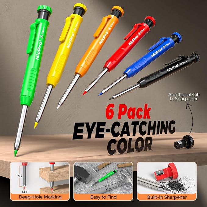 Nicpro CP1000 Carpenter Pencils with Sharpener, 6 Pack | ction Pencil+66 Refill & Long Nib Marker Pen, Heavy Duty Woodworking Tool Pencil for Construction Marking Comfort Grip