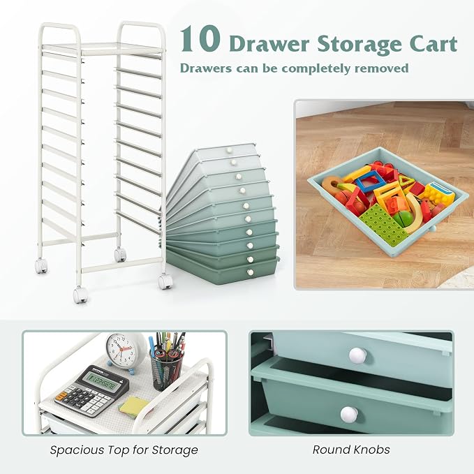 Storage Cart, Rolling Utility Cart with 10 Drawers, Portable Handles & Lockable Wheels, Mobile Paper Toys Storage Organizer Large Capacity for Home Office School Teacher (Gradient Green)