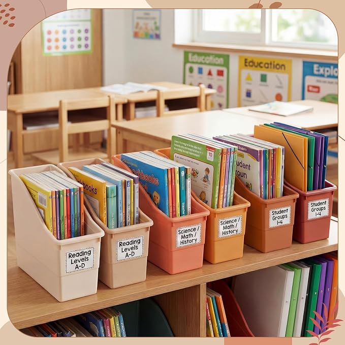Blosssound 12 Set Book Bins for Classroom Stackable,Earth Tones | Plastic Baskets with Labels, Slanted Front, Library Supplies Organizers, Desktop Storage Bins, Teachers Home School Use