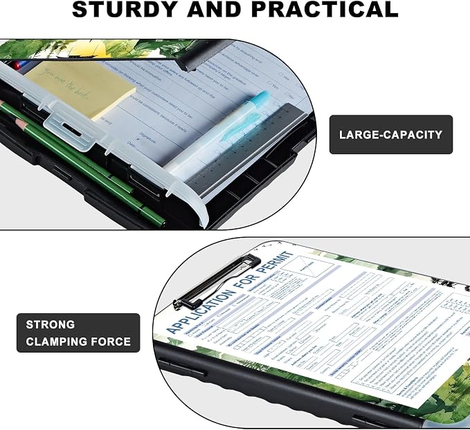 Clipboard with Storage,Storage Clipboard with Pen Holder,Heavy Duty Plastic Storage Clipboard with Low Profile Clip,Teacher Must Haves,Clipboard Folder,Office Supplies,Forest and Lake -1360
