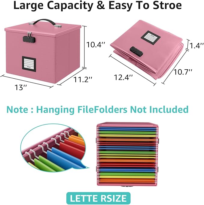 Pink Fire Proof File Box for Documents - Portable Fireproof Document Organizer Box with Handle Waterproof Safe Locking Folder Storage with Lid