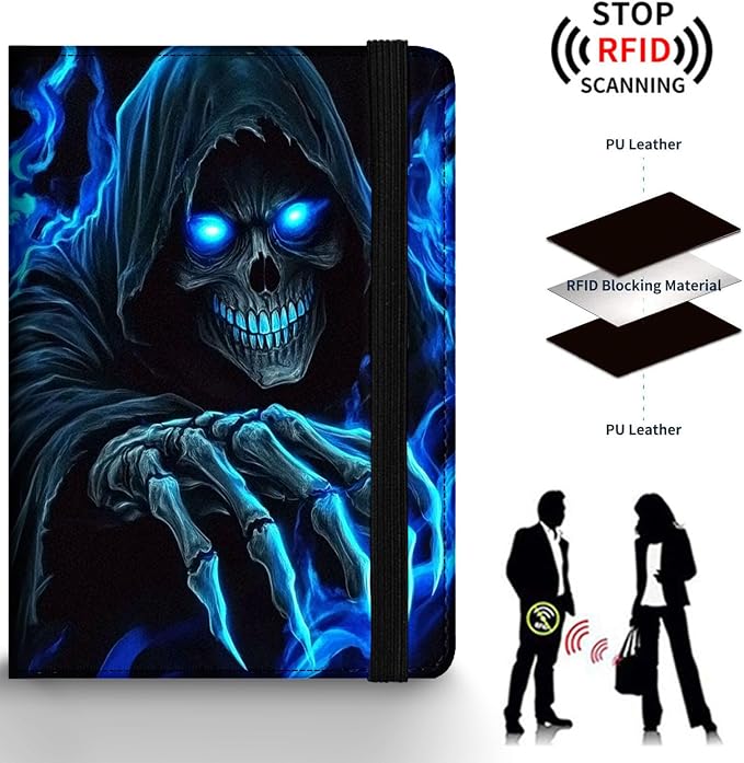 Passport Holder Wallet Cover Case,RFID Blocking Passport Cover,Large Capacity Travel Wallet with Multi Card Slots (Skull with Blue Flame Art)