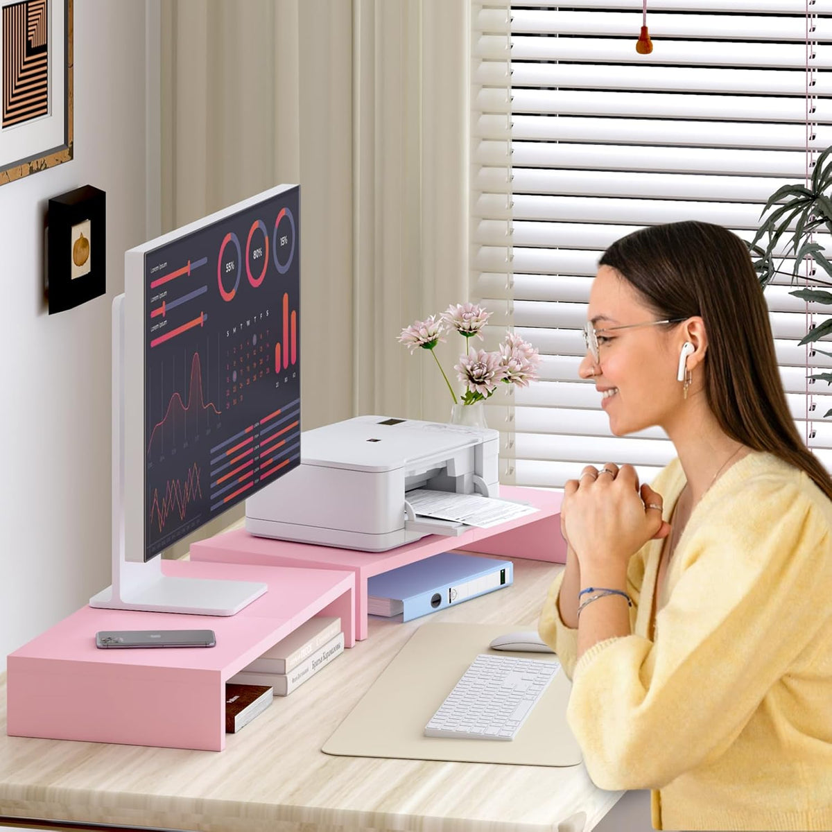 TEAMIX 2 Pack Pink Monitor Riser-20L inch, Cute Monitor Stand for Desk, Wood Sturdy TV/Screen/PC/Printer/Laptop Riser, Computer Shelf with Storage Desktop Organizer for Home Office