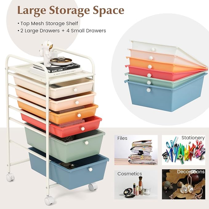 COSTWAY 6-Drawer Rolling Storage Cart, Art Craft Tools Organizer on Wheels | Multifunctional Heavy Duty Utility Mobile Storage Trolley w/ 2 Lockable Wheels for Home Office School (Macaron)