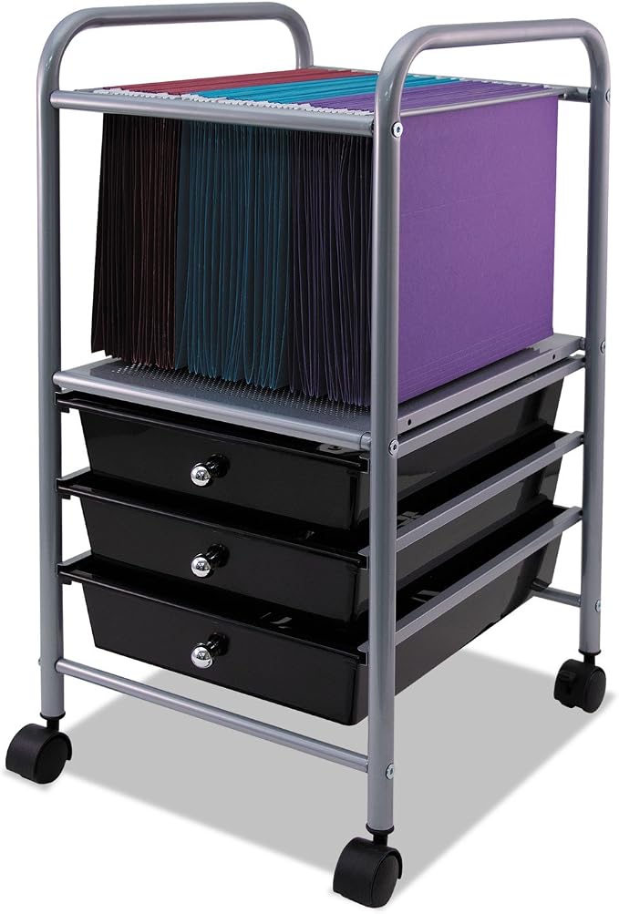 Rolling File Cabinet Cart Organizer With Three Drawers (VF53037) | Fits Under Most Work Surfaces | Letter-Size Hanging Files | Four Casters, Two Locking