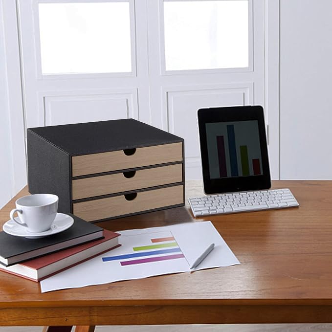 PU Leather Desk Organizer with 3 Drawers,Executive Office Supplies Desktop Filing A4 File Cabinet/Holder for Jewelry/Bill/Paper/Documents/Makeup Home Decor Stationery Storage Box,Black