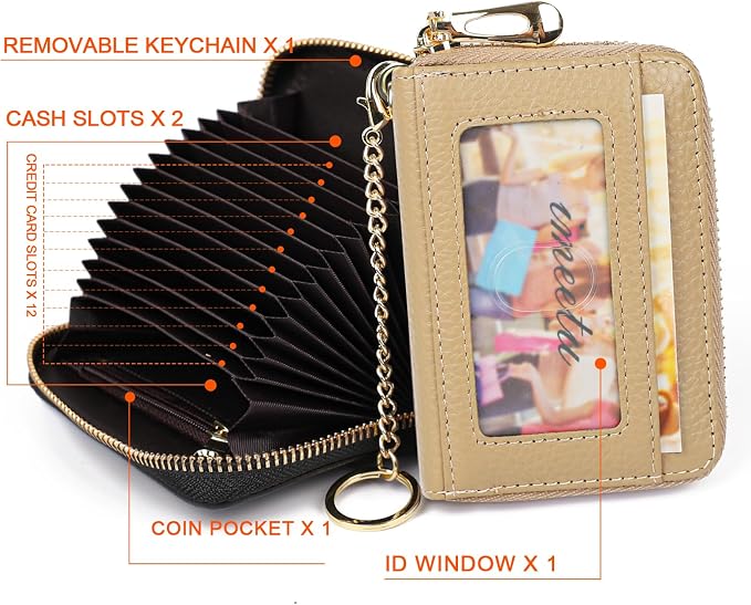 imeetu RFID Credit Card Holder, Small Card Wallet Women, Leather Card Case | Genuine Leather Women's Card & id Cases, Change Coin Purse with Zipper Keychain id Window, 20 Colors & 3 Styles, Daily, Gifts