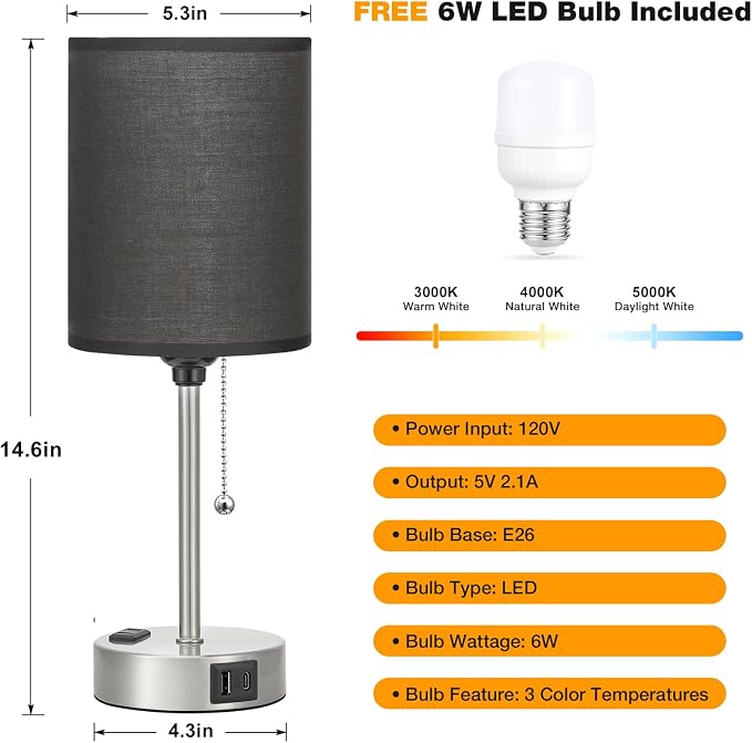 Small Bedside Table Lamp for Bedroom - Desk Lamp with USB Ports for Dorm | USB A+C Ports, AC Outlet, 3 Color Temperatures, LED Bulb Included, Black Fabric Shade, Sleek Silver, 14" Night Stand Lamp