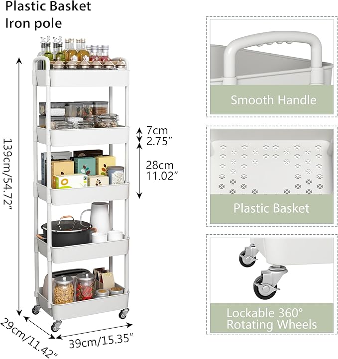 Sywhitta 5-Tier Plastic Rolling Utility Cart with Wheels for Storage,White | Multi-Functional Storage Trolley, for Office, Living Room, Kitchen, Bathroom,Movable Organizer,Space-Saving,Easy to assemble