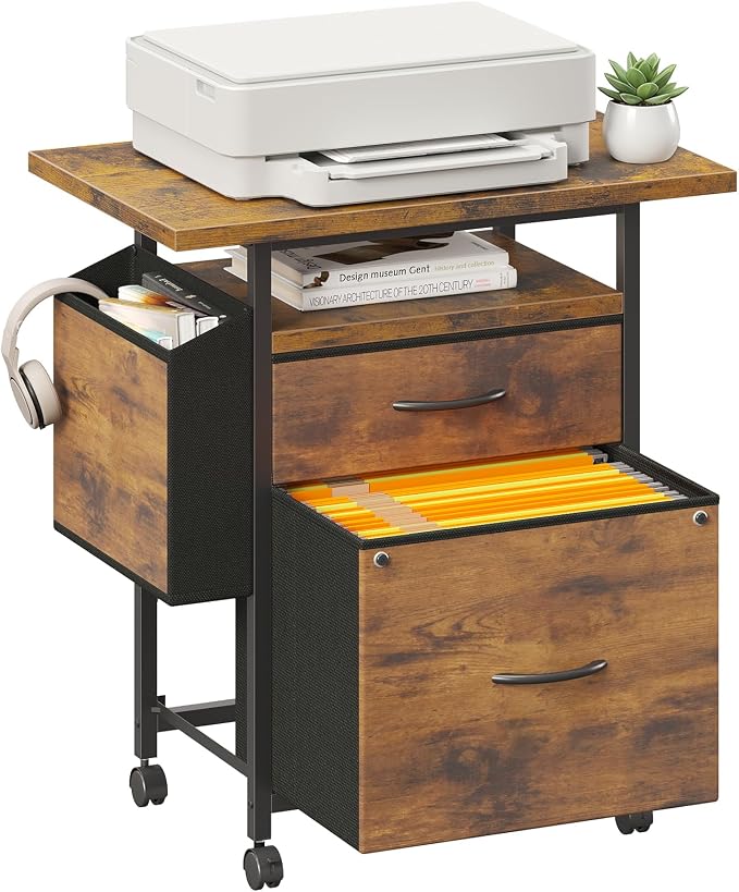DUMOS 2 Drawer Mobile File Cabinet, Printer Stand with 24'' Wide Desktop | Fabric Drawer Cabinet Under Desk with Storage Side Bag,Rolling Printer Cart Not for Hanging Files for Home Office, Brown