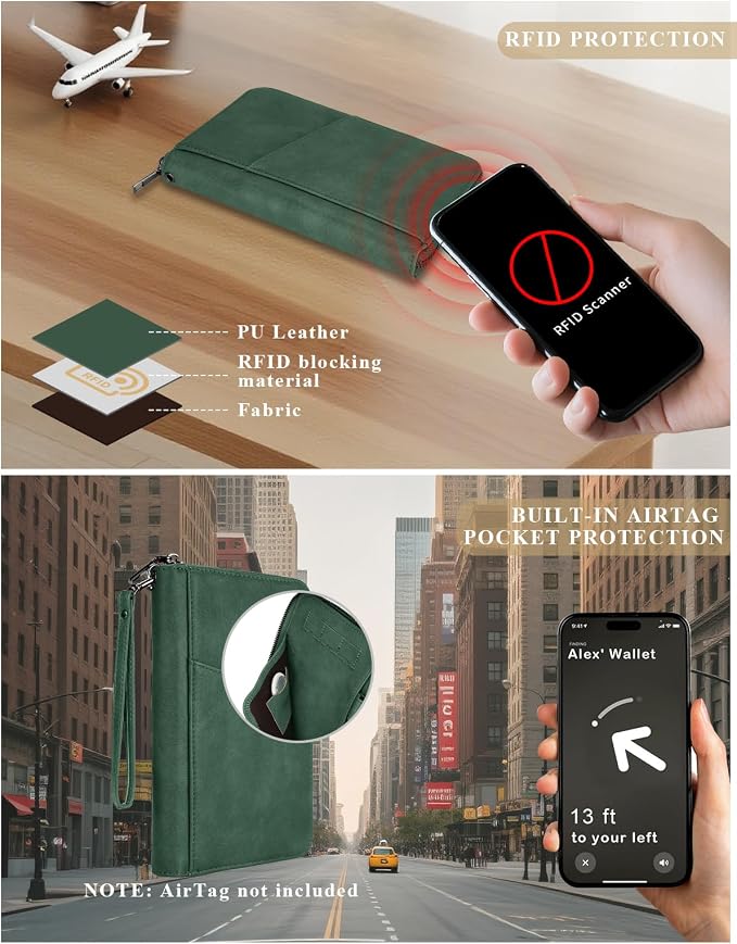 Family Passport Holder Wallet RFID Travel Document Organizer for Women Men, Portable Case Cover for Cards, Boarding Pass with Wrist & Neck Double Strap, Travel Gifts (Charcoal Green, 1pack)