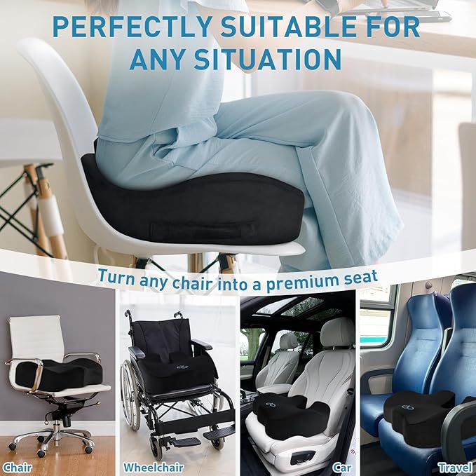 BlissTrends Extra Thick Seat Cushion for Office Chair & Car Seat, Black | Tailbone & Sciatica Relief, Ergonomic Support, High-Density Memory Foam, Comfort for Extended Sitting