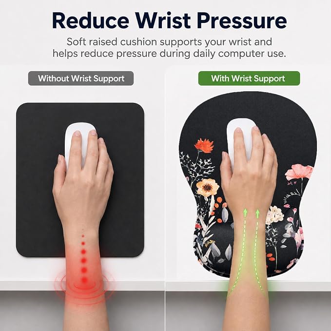 Mouse Pad with Wrist Rest Ergonomic Memory Foam Support, Non-Slip Rubber Base, Comfortable Typing Cushion for Home Office Computer Laptop, Flower Black