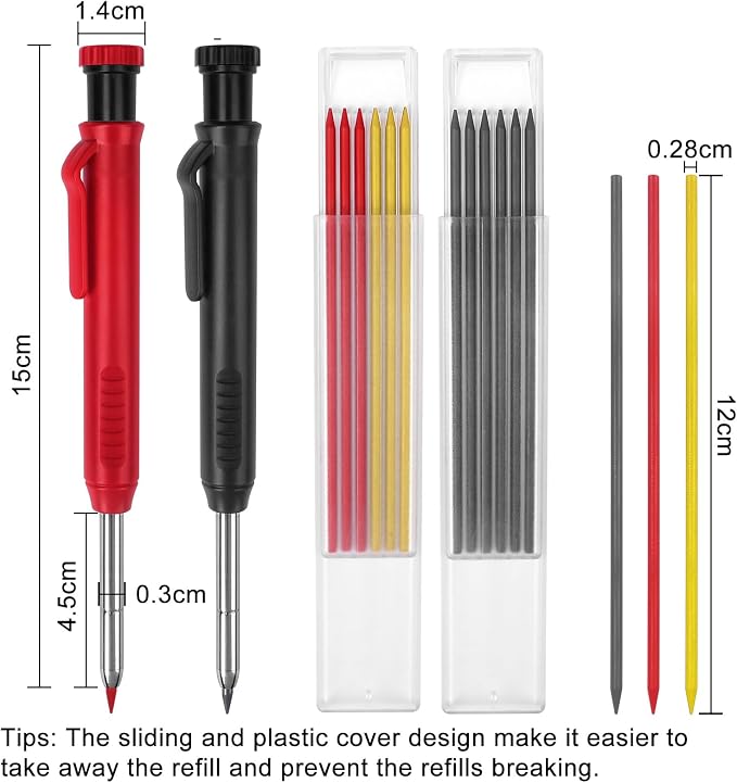 MECHEER 4 Pack Carpenter Pencils Mechanical Pencils with 48 Refills, Construction Pencils with Built-in Sharpener, Long Nib Deep Hole Heavy Duty Woodworking Pencil Marker for Architect (2 Colors)