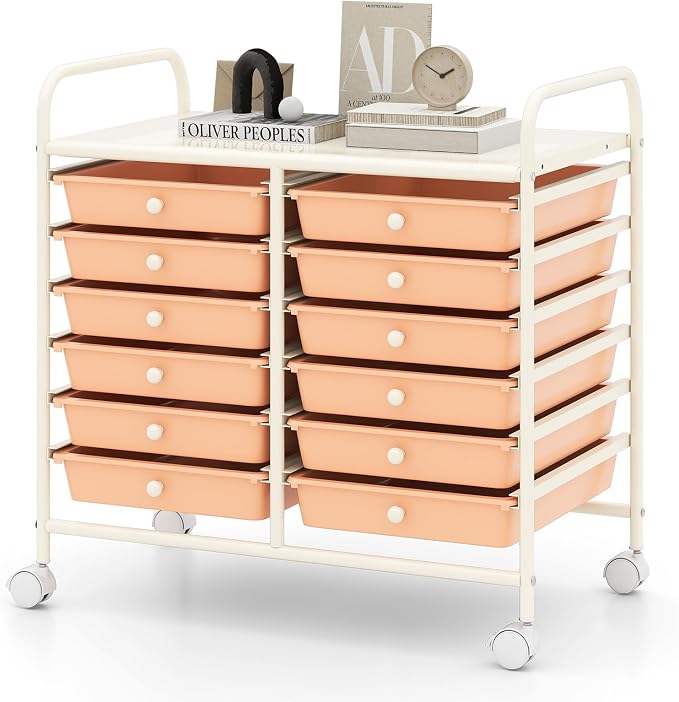 RELAX4LIFE 12-Drawer Rolling Storage Cart - Mobile Utility Cart on Wheels for School Classroom Teacher Office Salon, Paper File Art Supply Craft Organizer, Rolling Cart with Drawers (Pink)