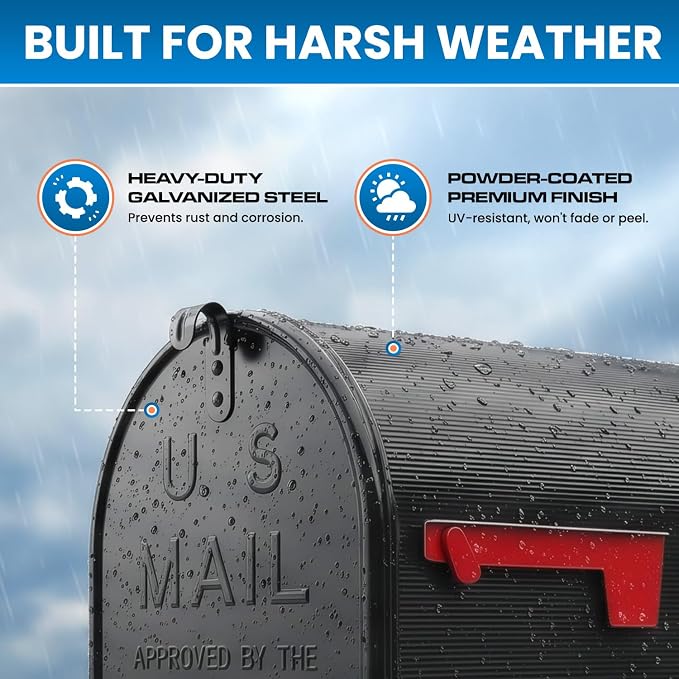 Plexon Jumbo Size Rural Mailbox, 3175 cu-in Capacity, Galvanized Steel, Powder-Coated, 15 in. H x 11.69 in. W x 24.82 in. L, Black, Extra Large
