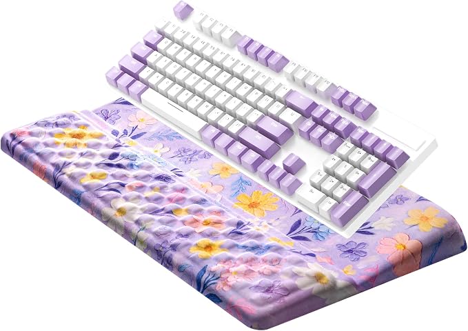 Ospelelf Keyboard Wrist Rest, Ergonomic Memory Foam Wrist Support for Typing & Gaming, Tilted Keyboard Stand Pad, Relief for Wrist Pain, Aesthetic Desk Accessories for Office, Purple Flower