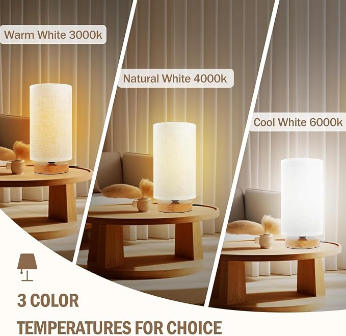 3-Color Adjustable Bedside Table Lamp for Bedroom,Minimalist Wood Base&Round Fabric Shade,Cozy Lighting Nightstand Boho Lamp,Study Reading Desk Night Stand Light for Living Room,Office,kitchen,Nursery