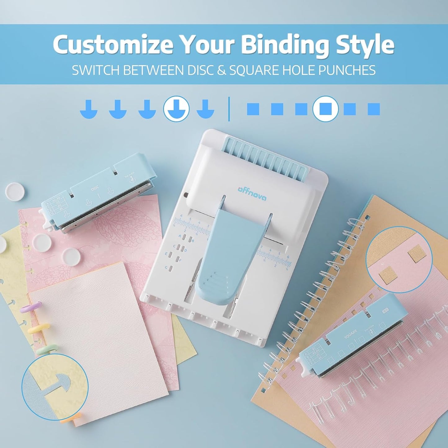 OFFNOVA 2-in-1 Mini Binding Machine, Square & Disc Hole Book Binder, Compact DIY Punch and Bind Kit for A4/A5/US Letter, Includes Coils and Discs for Journals, Planners, Notebooks, Calendars