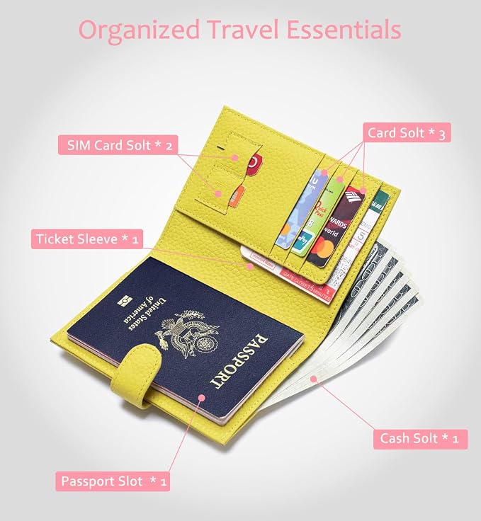 RFID Blocking Travel Wallet for Women, Leather Passport Holder | Slim Passport Holder for Travel Womens with Card Slots, Coin Pocket, Gift Box, Genuine Leather Passport Cover Lemon Yellow