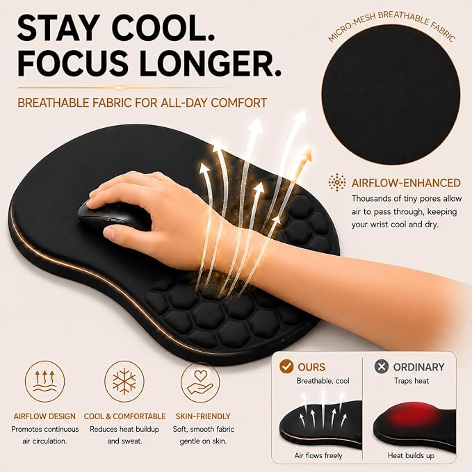 Ergonomic Mouse Pad with Wrist Rest, Large 12x8 inch, Black | Memory Foam, Dual-Slope Wrist Support, Non-Slip, For Office & Gaming