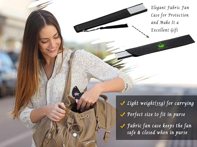 OMyTea Folding Hand Fan for Women - Foldable Chinese Japanese Vintage Bamboo Silk Fan - for Hot Flash, Church, Decoration, EDM, Music Festival, Dance, Party, Performance, Gift (Sexy Black - White)