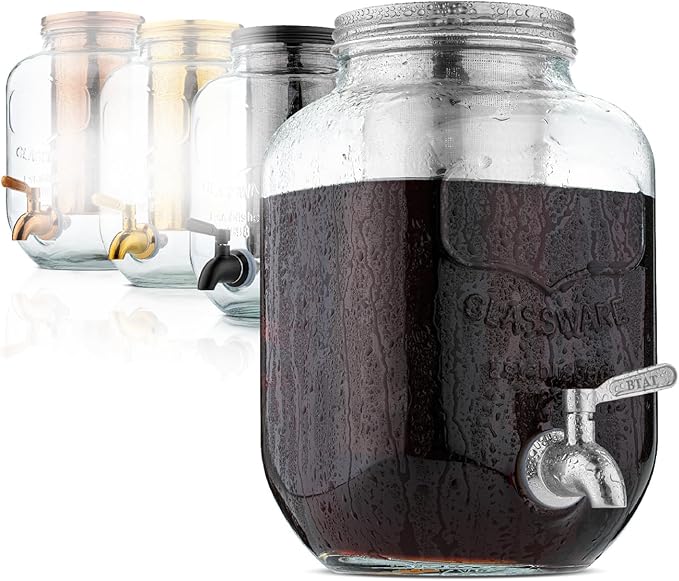 BTaT- 1 Gallon Cold Brew Coffee Maker, Thick Glass Pitcher | Stainless Steel Filter, Lid & Spigot Iced Coffee Sun Tea Brewer Mason Jar Cold Brew Container Fast Iced Tea Maker for Fridge