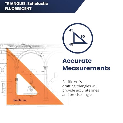 Pacific Arc's Scholastic Triangle - 8 inch - Fluorescent - 45/90 Angle - Polystyrene - Inking Edge - Technical Drawing Tools, Drafting, Architect and Engineering.