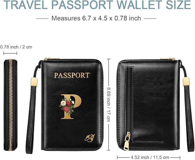 Passport Holder for Travel Personalized Wallet with Wristlet Women | Passport Cover, RFID Blocking, Passport Book Holders, Back Coin Pocket, Zipper Closure, Roses Initial Letter, Black P